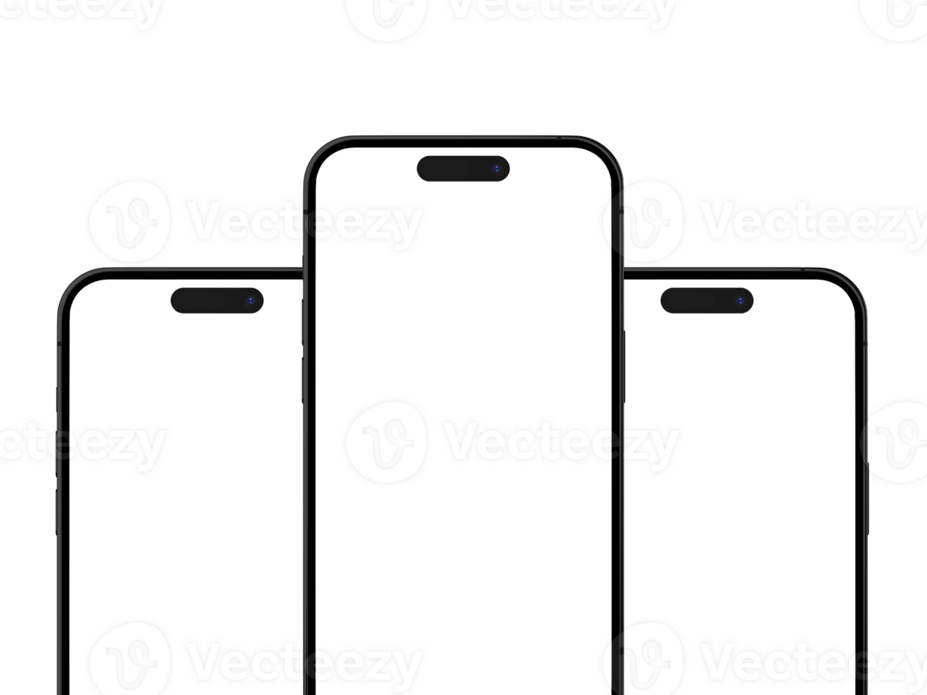 proche en haut ensemble de Trois téléphone 14 pro maquette écran sur le transparent isolé Contexte pour votre ui ux conception visuel. réaliste modèles de moderne téléphone intelligent png