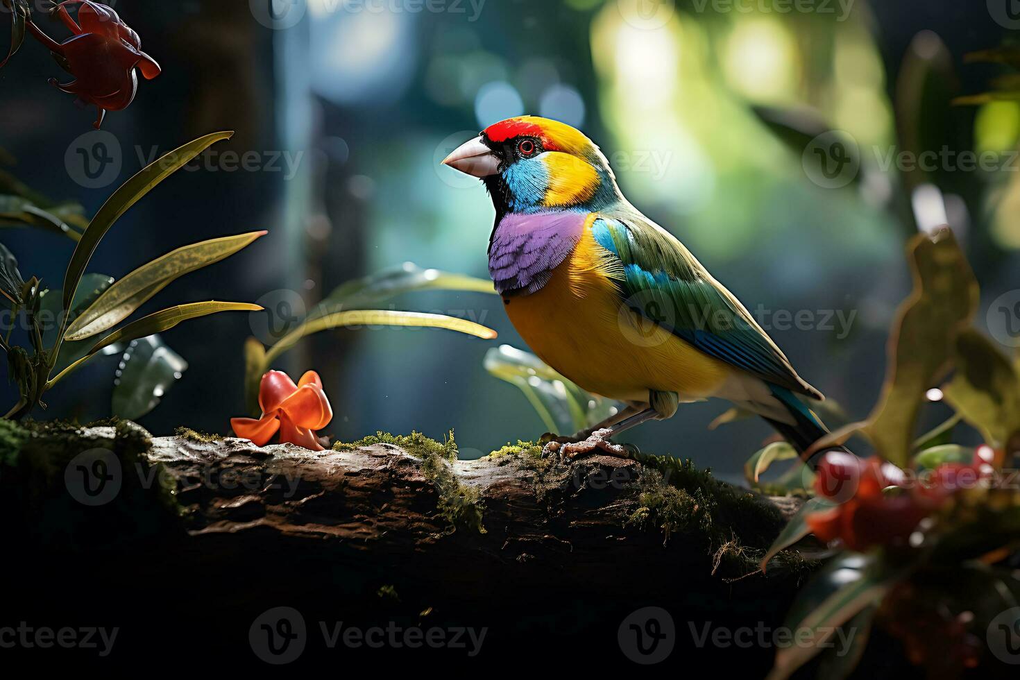 colorful Gouldian Finch is perched on a branch in a tropical rainforest. AI Generated. photo