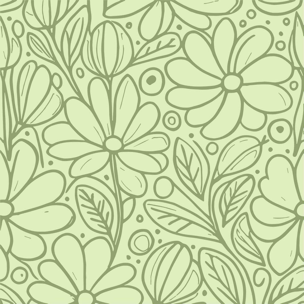 Abstract monochromatic soft green hand-drawn flowers texture pattern doodle vector illustration