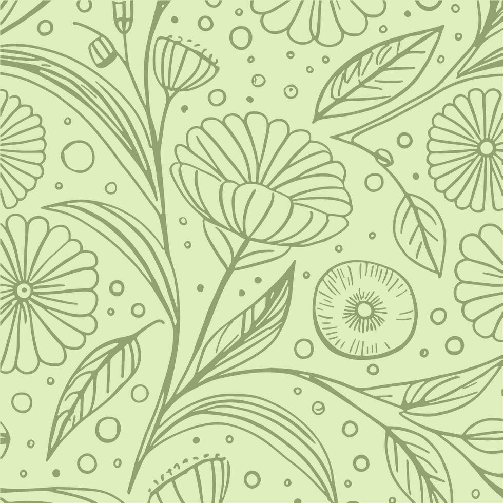 Abstract monochromatic soft green hand-drawn flowers texture pattern doodle vector illustration