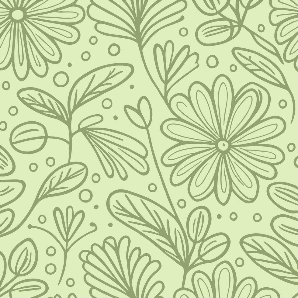 Abstract monochromatic soft green hand-drawn flowers texture pattern doodle vector illustration