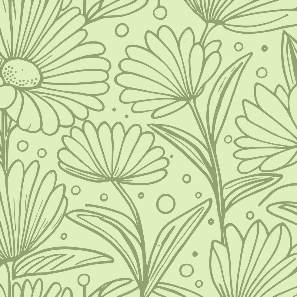 Abstract monochromatic soft green hand-drawn flowers texture pattern doodle vector illustration