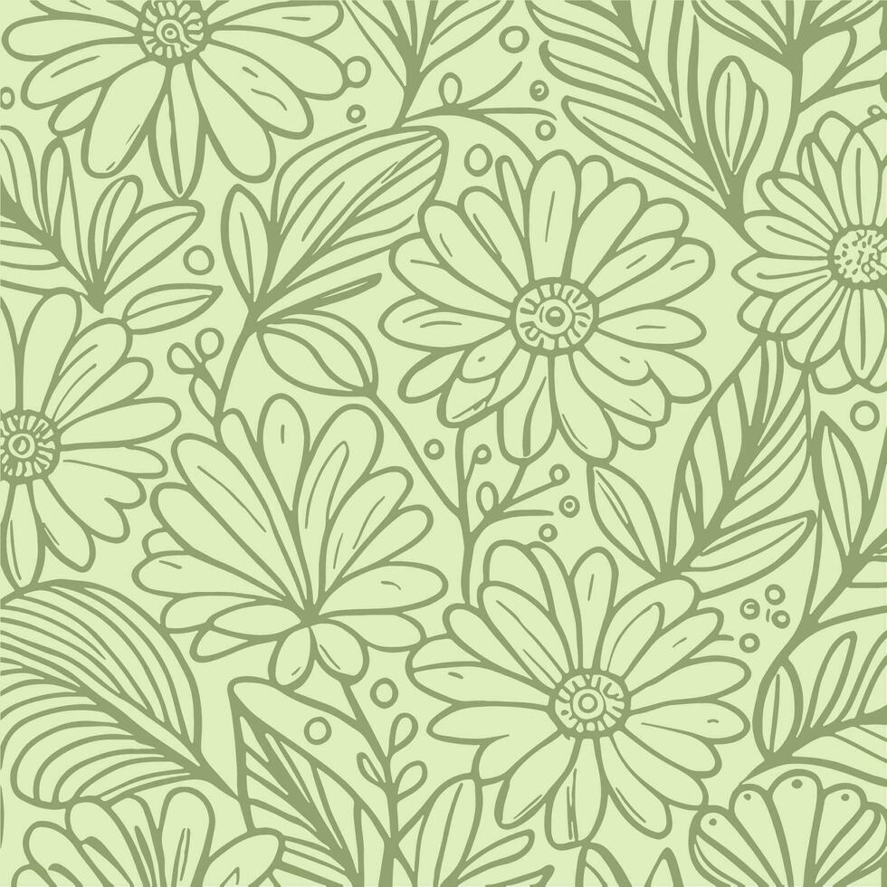 Abstract monochromatic soft green hand-drawn flowers texture pattern doodle vector illustration