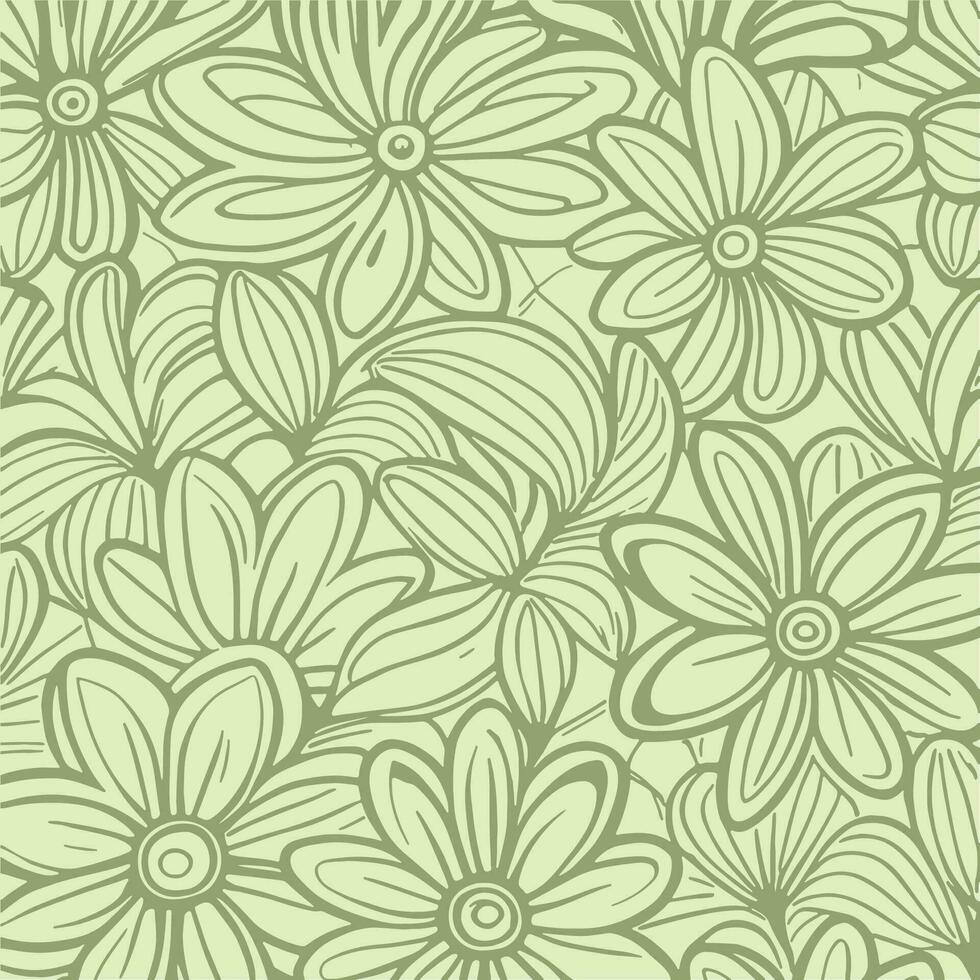 Abstract monochromatic soft green hand-drawn flowers texture pattern doodle vector illustration