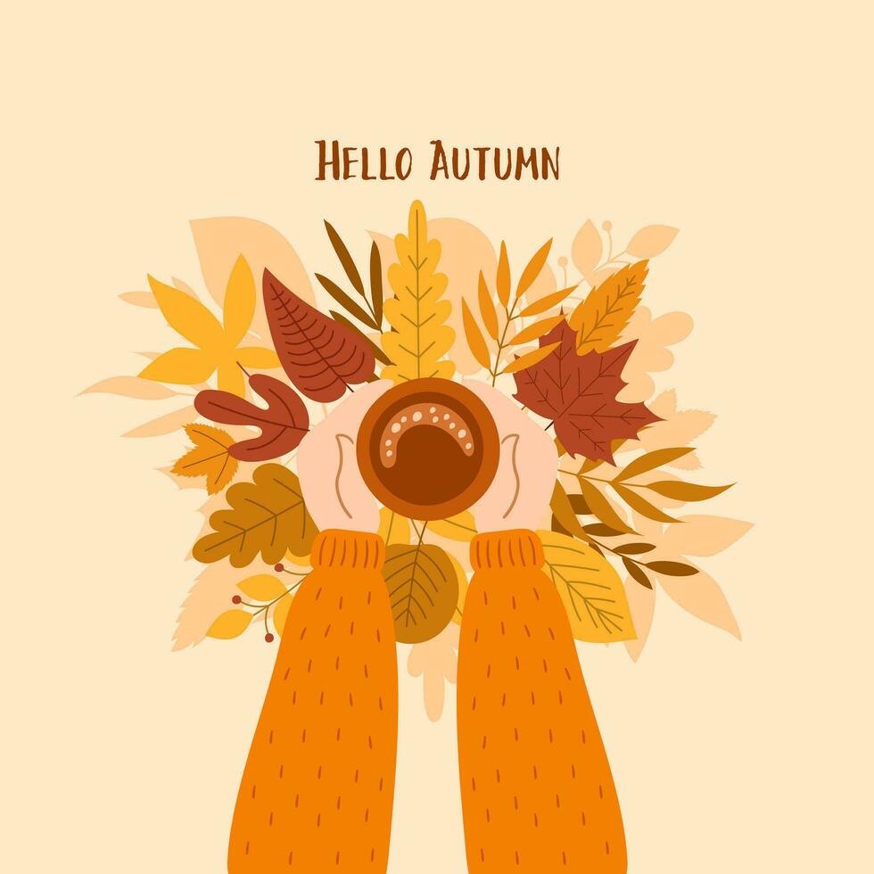 Hello autumn poster with beautiful  leaves. Hand draw vector illustration.