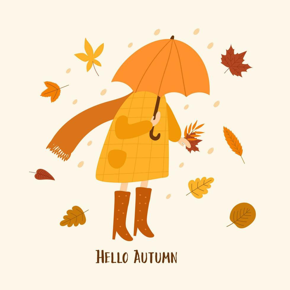 Hello autumn poster with beautiful  leaves. Hand draw vector illustration.