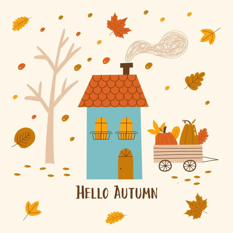 Hello autumn poster with beautiful  leaves. Hand draw vector illustration.