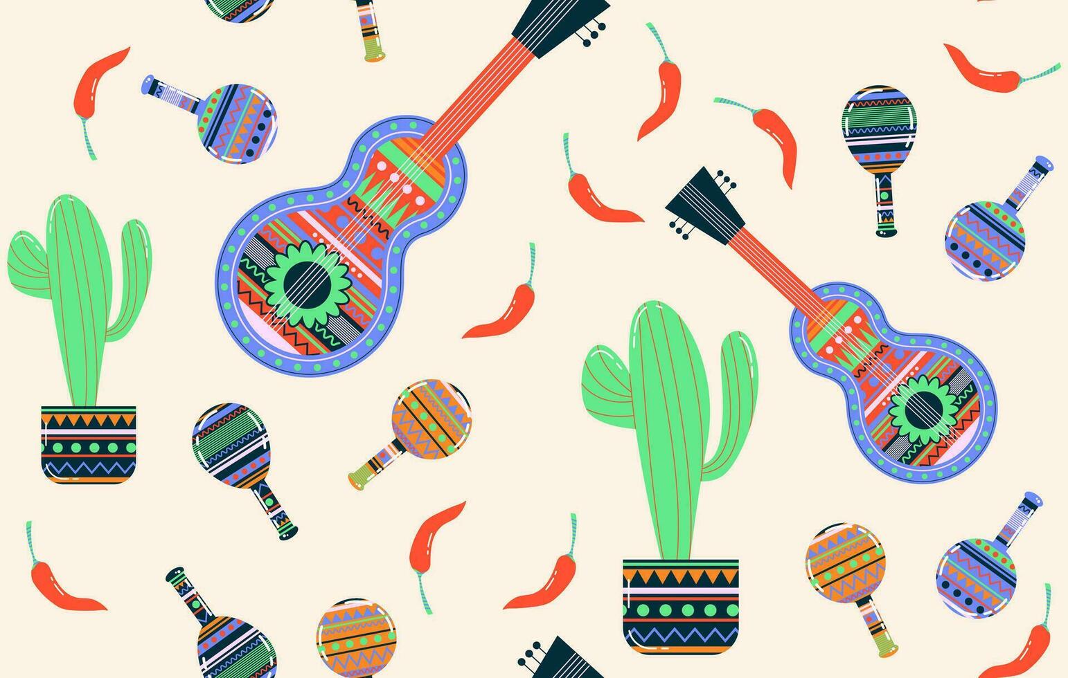 Seamless pattern Mexican maracas. Musical instrument maracas. Sombrero, cartoon style maracas, skull, guitar, cactus. Mexican holiday attribute, traditional latin musical instrument. vector