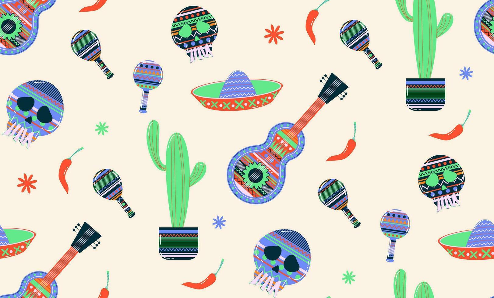 Seamless pattern Mexican maracas. Musical instrument maracas. Sombrero, cartoon style maracas, skull, guitar, cactus. Mexican holiday attribute, traditional latin musical instrument. vector