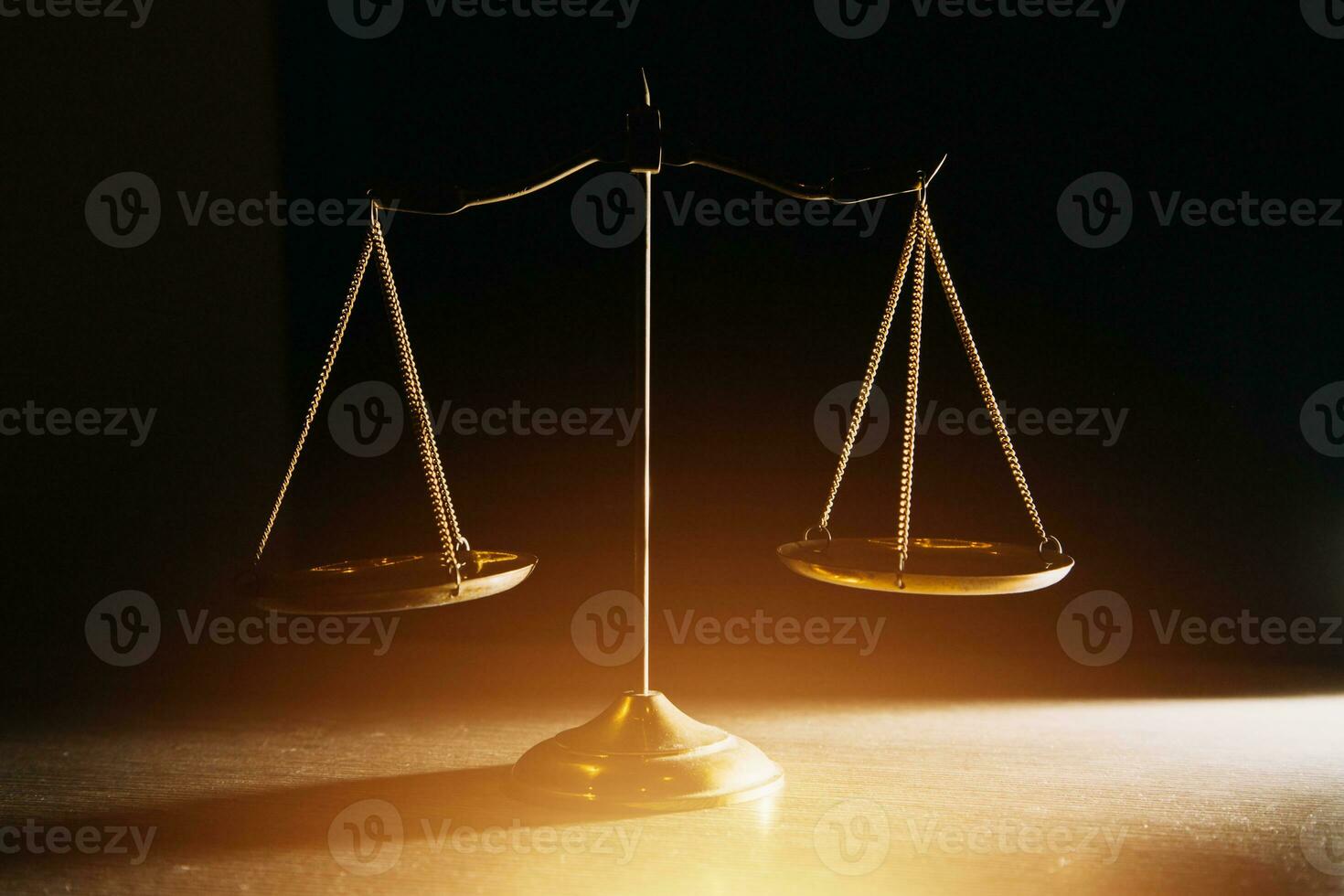 Business and lawyers discussing contract papers with brass scale on desk in office. Law, legal services, advice, justice and law concept picture with film grain effect photo