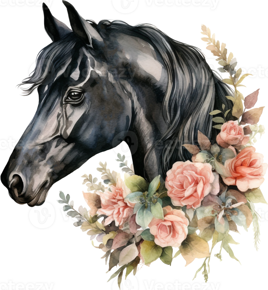 Portrait of a black horse and flowers. Hand drawn style print. Watercolor illustration isolated on white background. For t-shirt composition, print, design, sticker, sublimation, and decor png