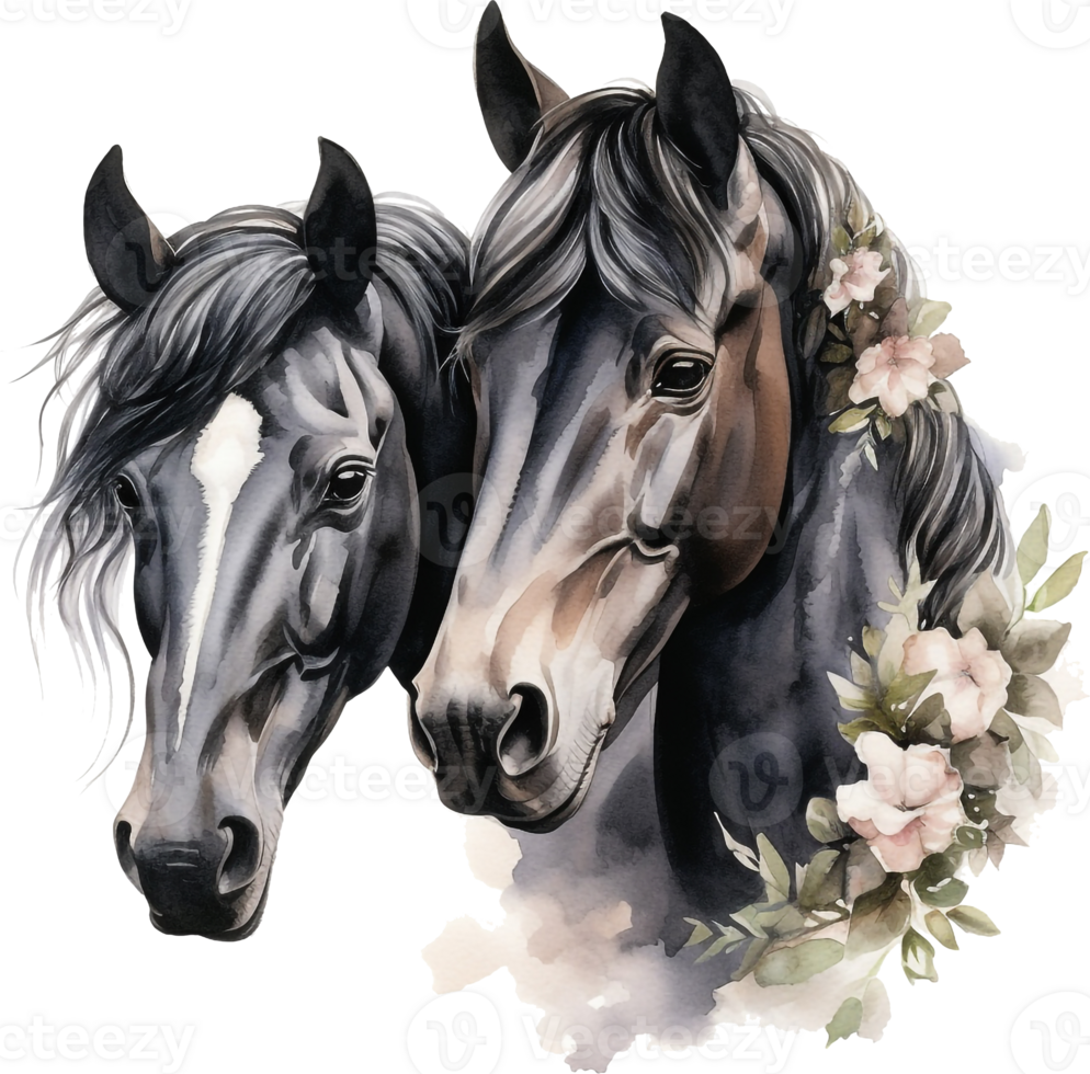 Black horses portrait with flowers. Couple in love, heart. Watercolor Illustration. Sketch hand drawn. Graphics, giclee, invitation. png