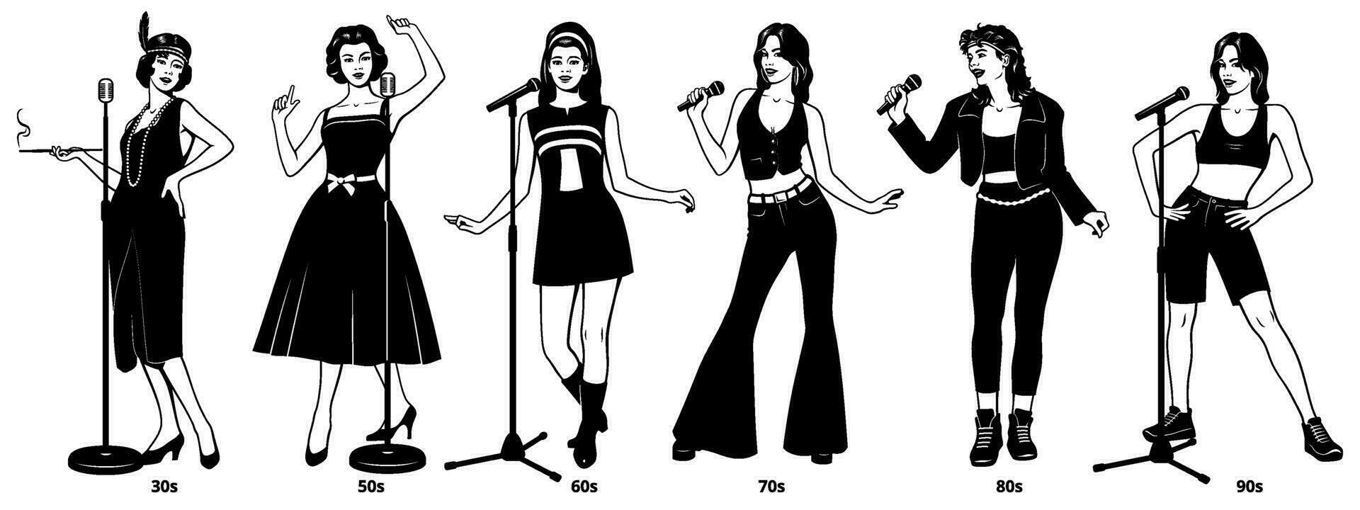 Collection of Retro Singers Women from 20s to 90s. Black and white ink style vector cliparts. Microphones with stands are the separate objects.