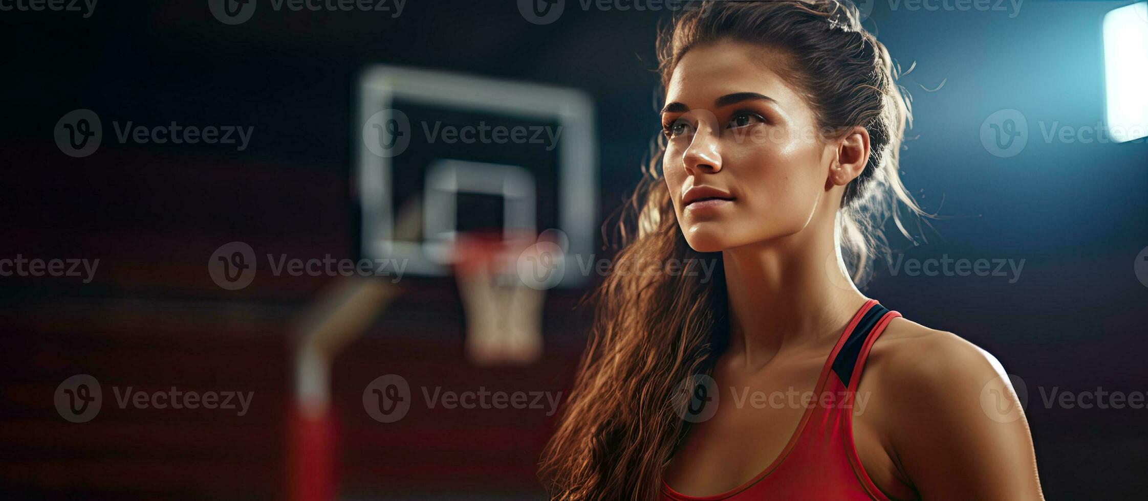 Smiling Caucasian woman basketball player with ball on court blank area Unchanged sport activity and lifestyle photo