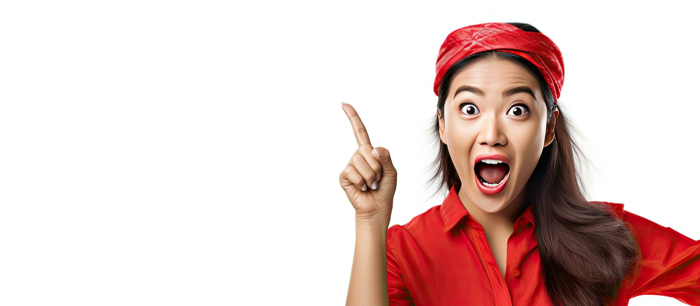 Asian woman in red kebaya and flag headband pointing at empty space above her on white background looking enthusiastic photo