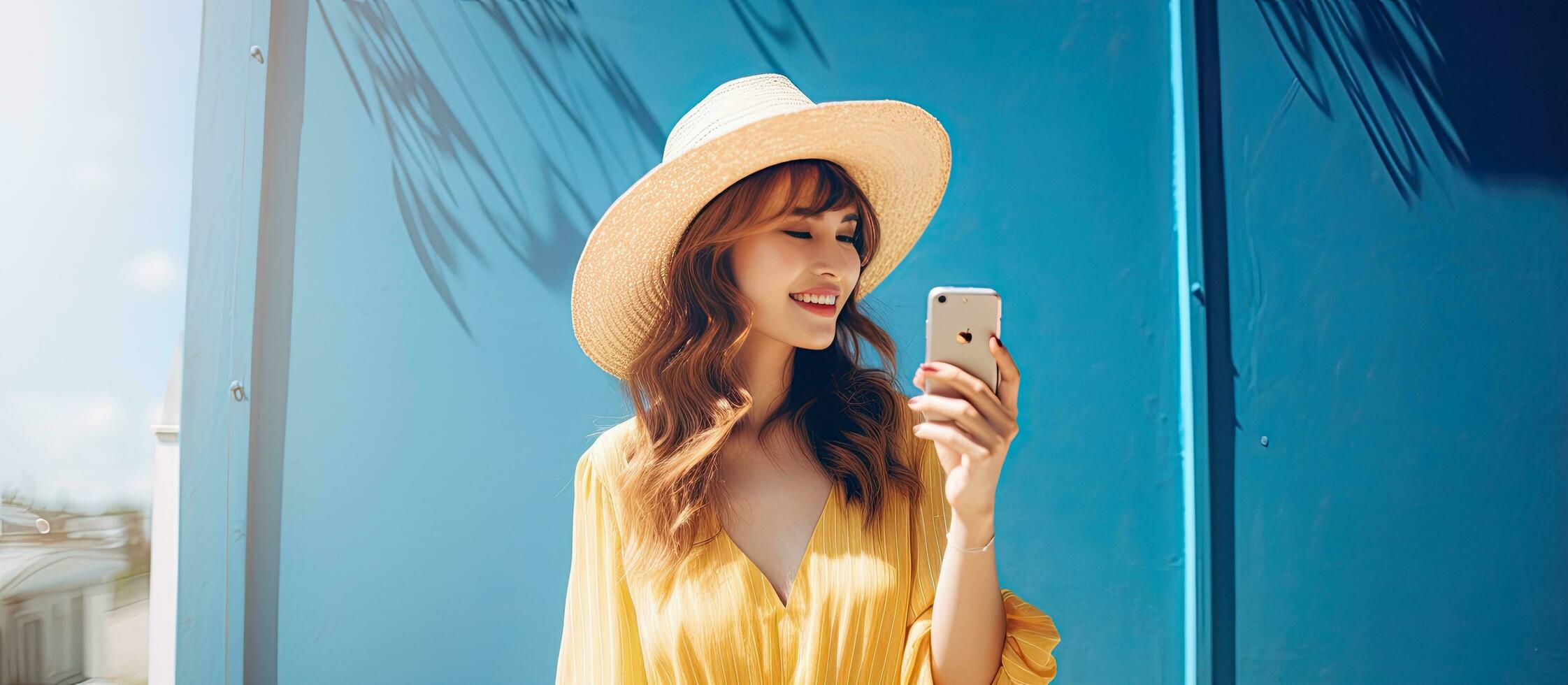 Beautiful woman taking a selfie in a summer dress against a blue wall with sun flares photo