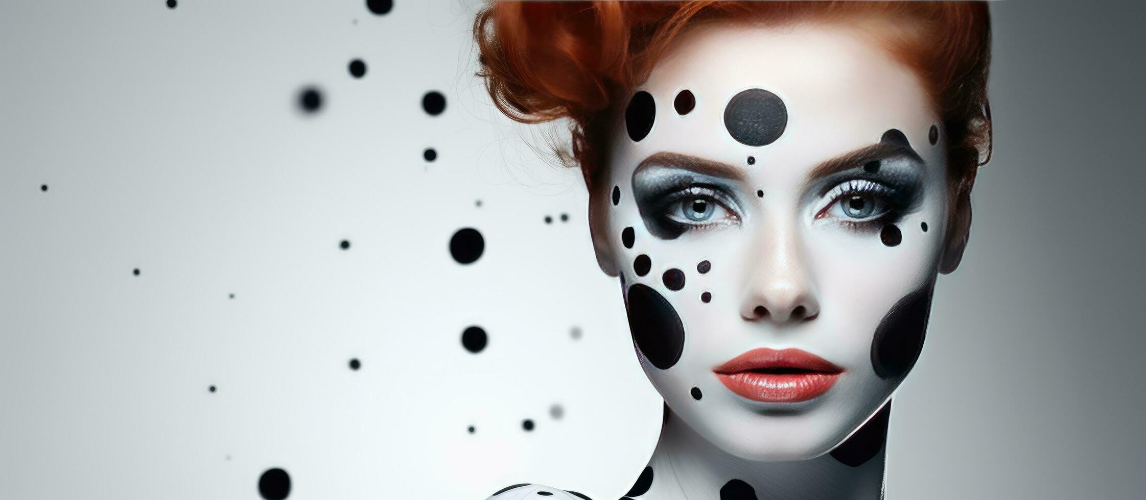 Abstract portrait of a sensual young woman with striking black and white dot body art creative face painting photo