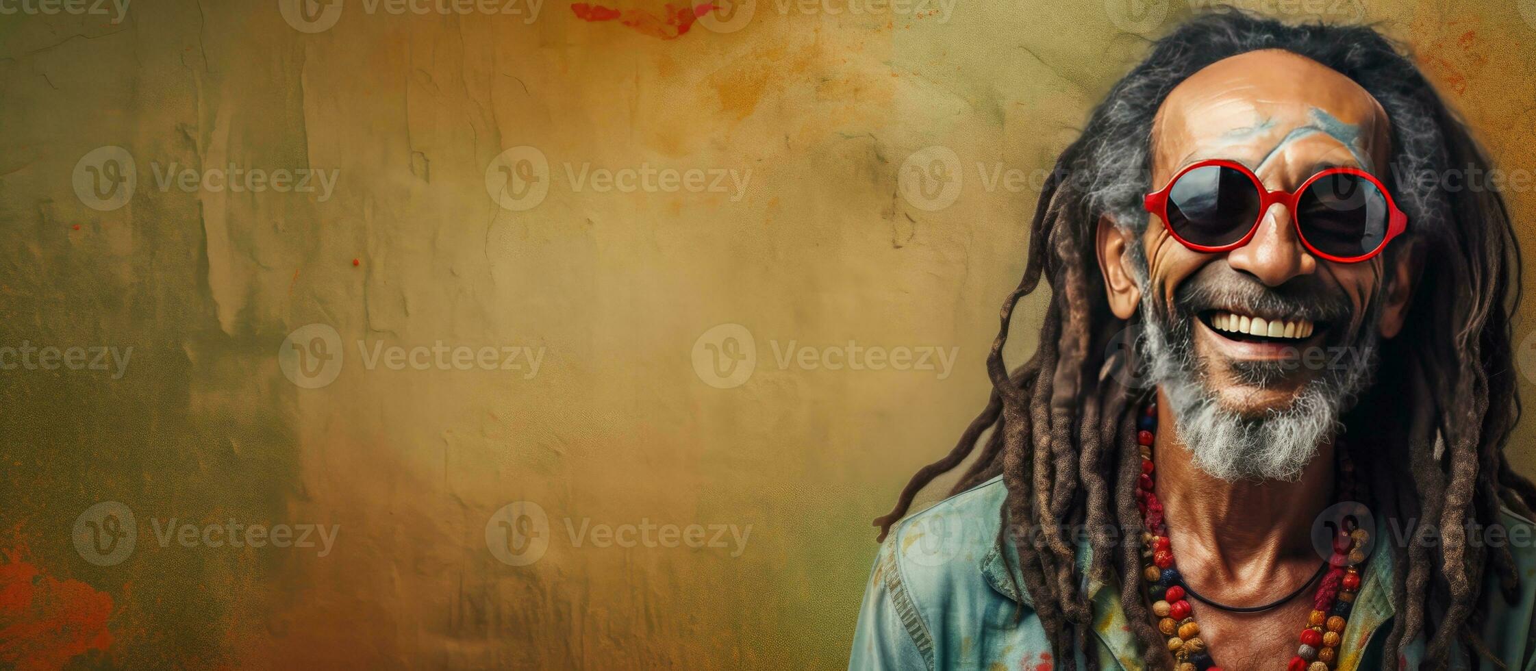 Smiling man resembling a hippie rastaman on grunge background photo