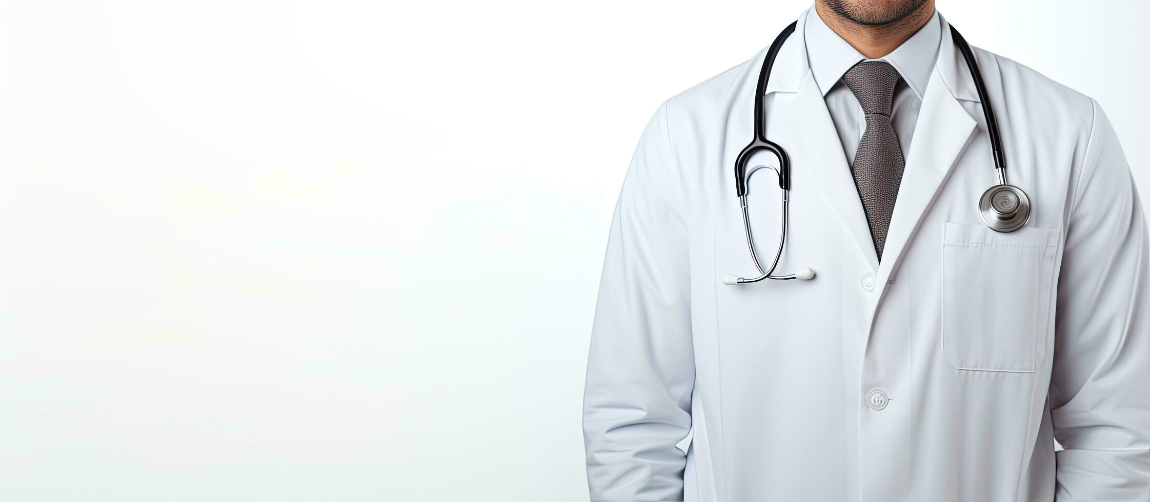 Male doctor in white coat and glasses isolated on white background looking at the camera with space for text photo