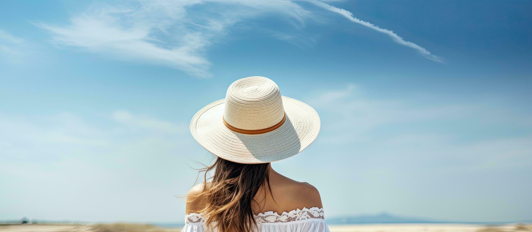 Happy woman in white shirt and summer hat looking at sky in back view photo with ample copy space