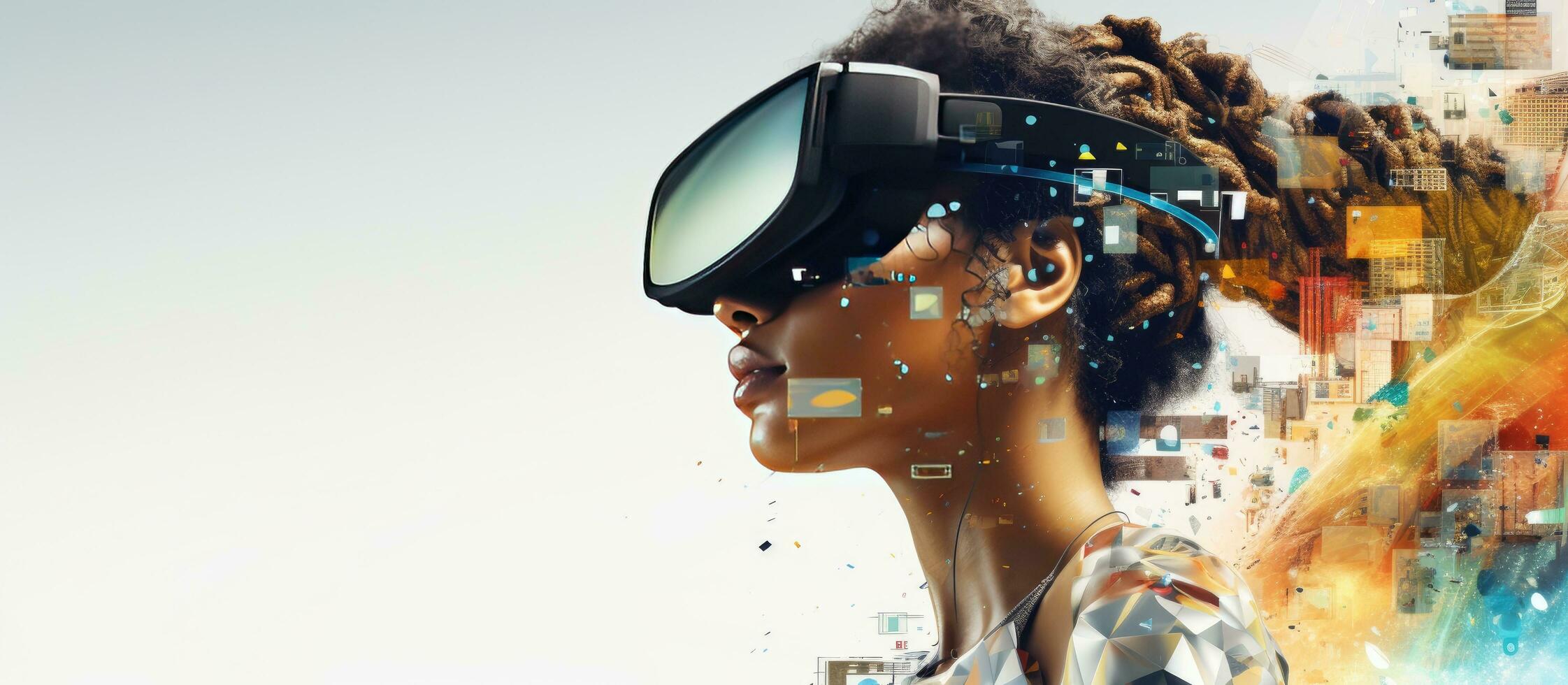 Metaverse concept depicted with black woman wearing VR glasses data blocks and empty white background photo