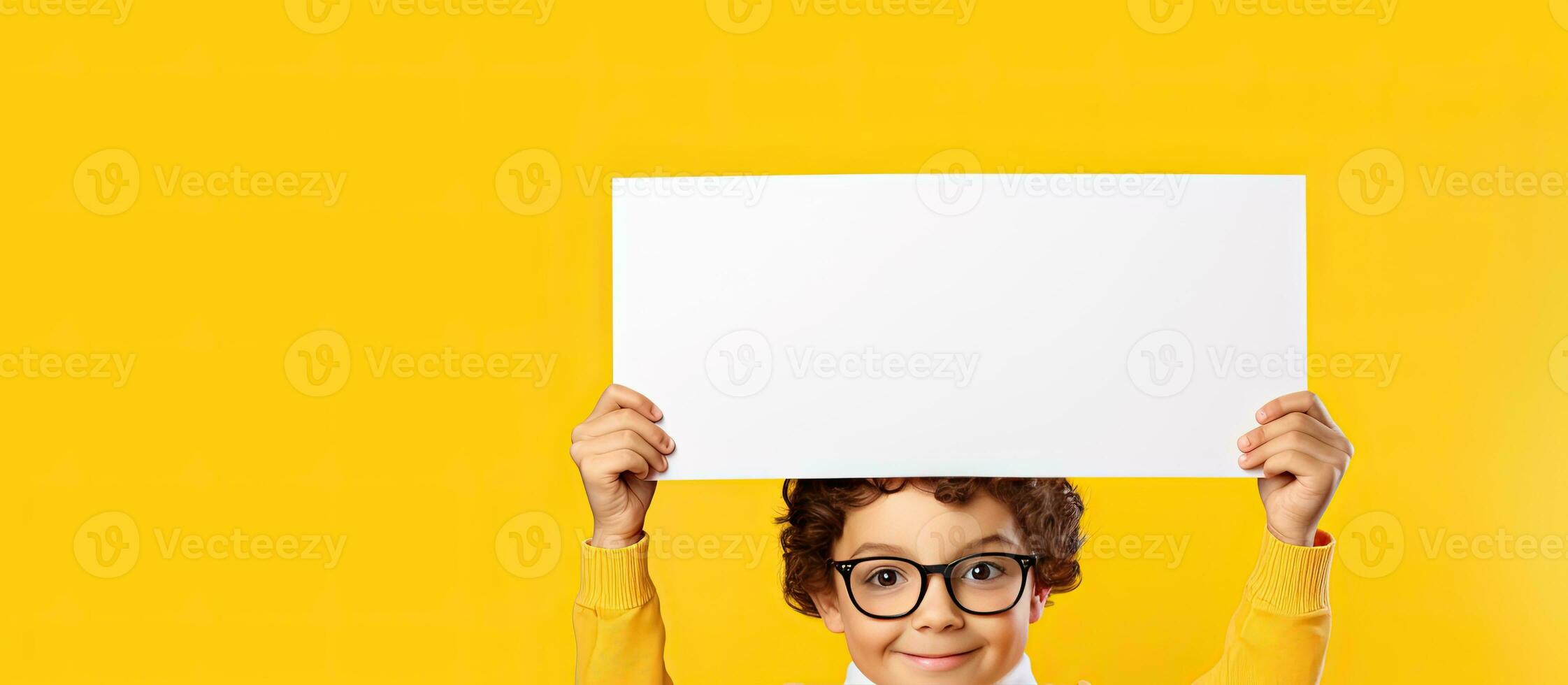 School aged male with dark hair and spectacles raises cork surface over head against yellow backdrop Empty board in hand providing room for text Conceptua photo