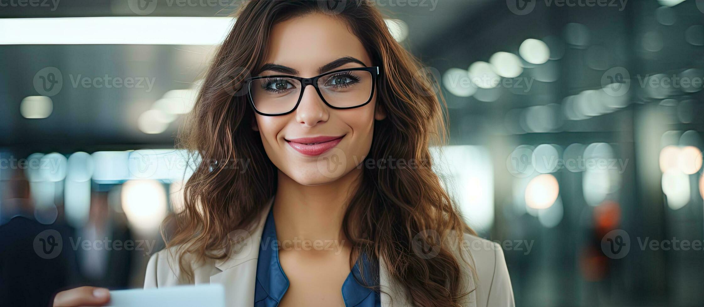 Woman holding event ID card contemplating looking at empty area photo