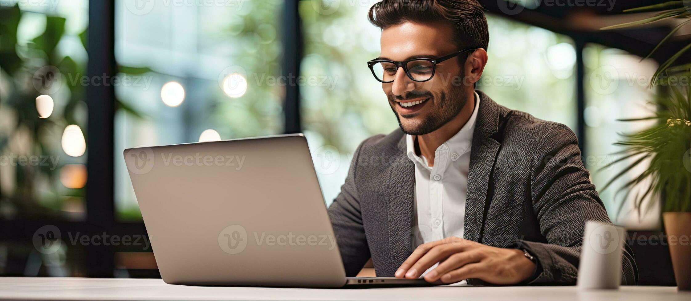 Happy Latin businessman wearing glasses working at laptop in office and not looking at screen Young male professional using computer at desk thinking of c photo