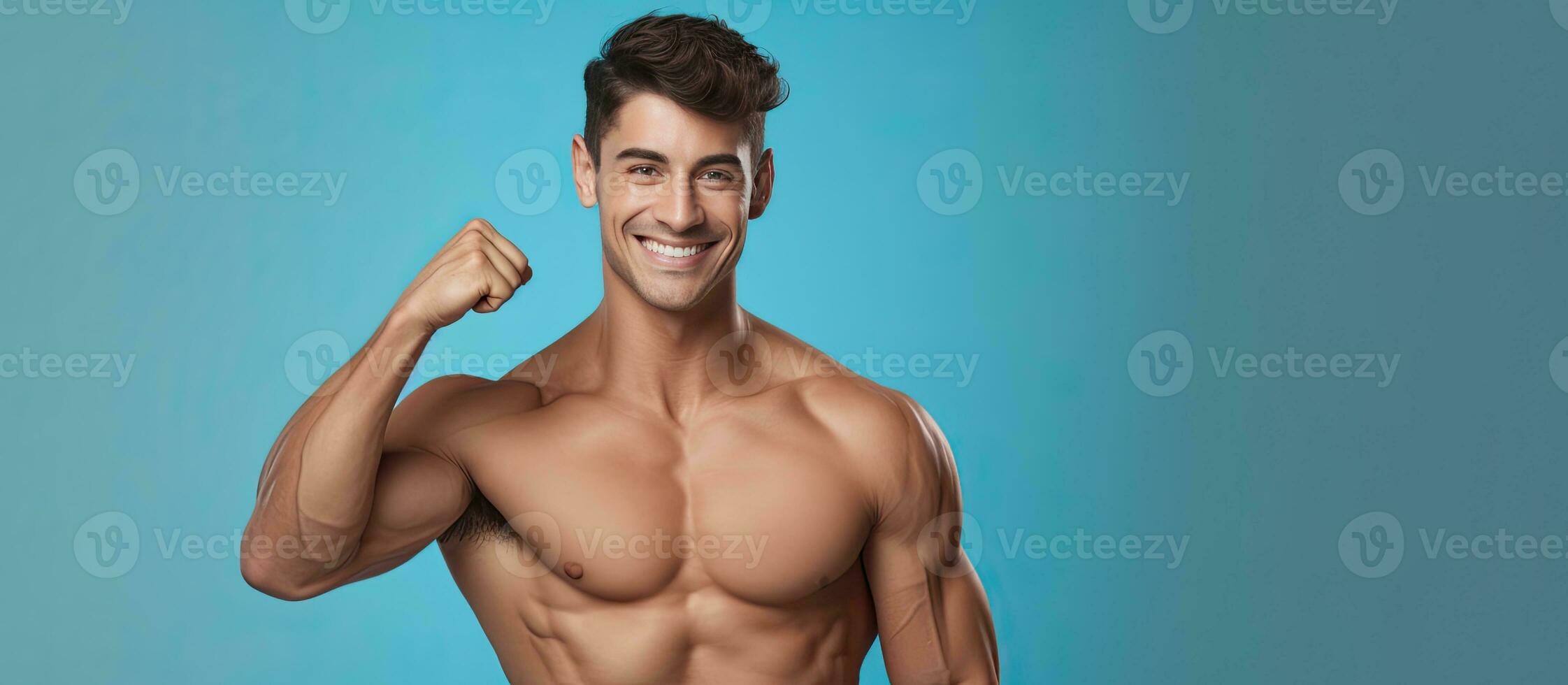 Fit young man with strong muscles smiling and pointing isolated on blue background photo