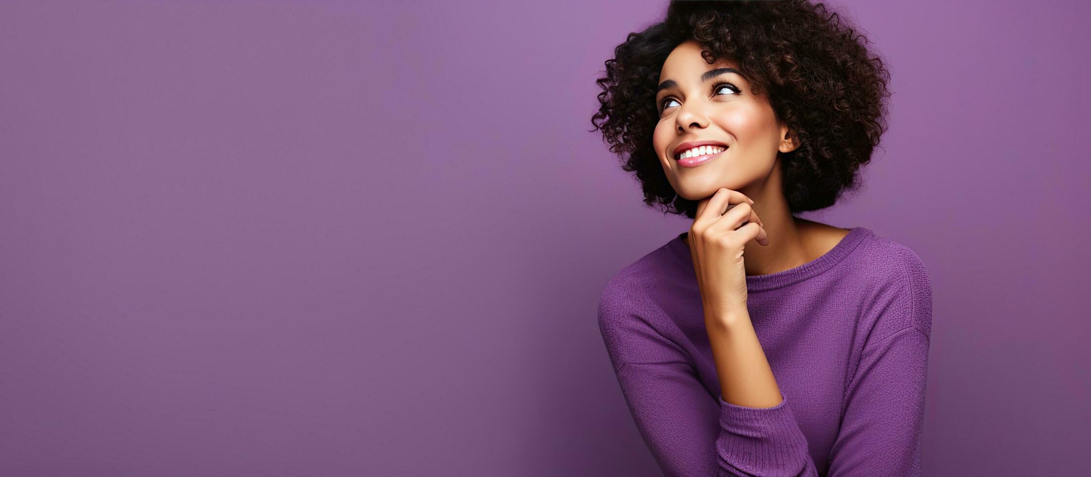 Thoughtful woman on purple background contemplates decision evaluates advertisement photo