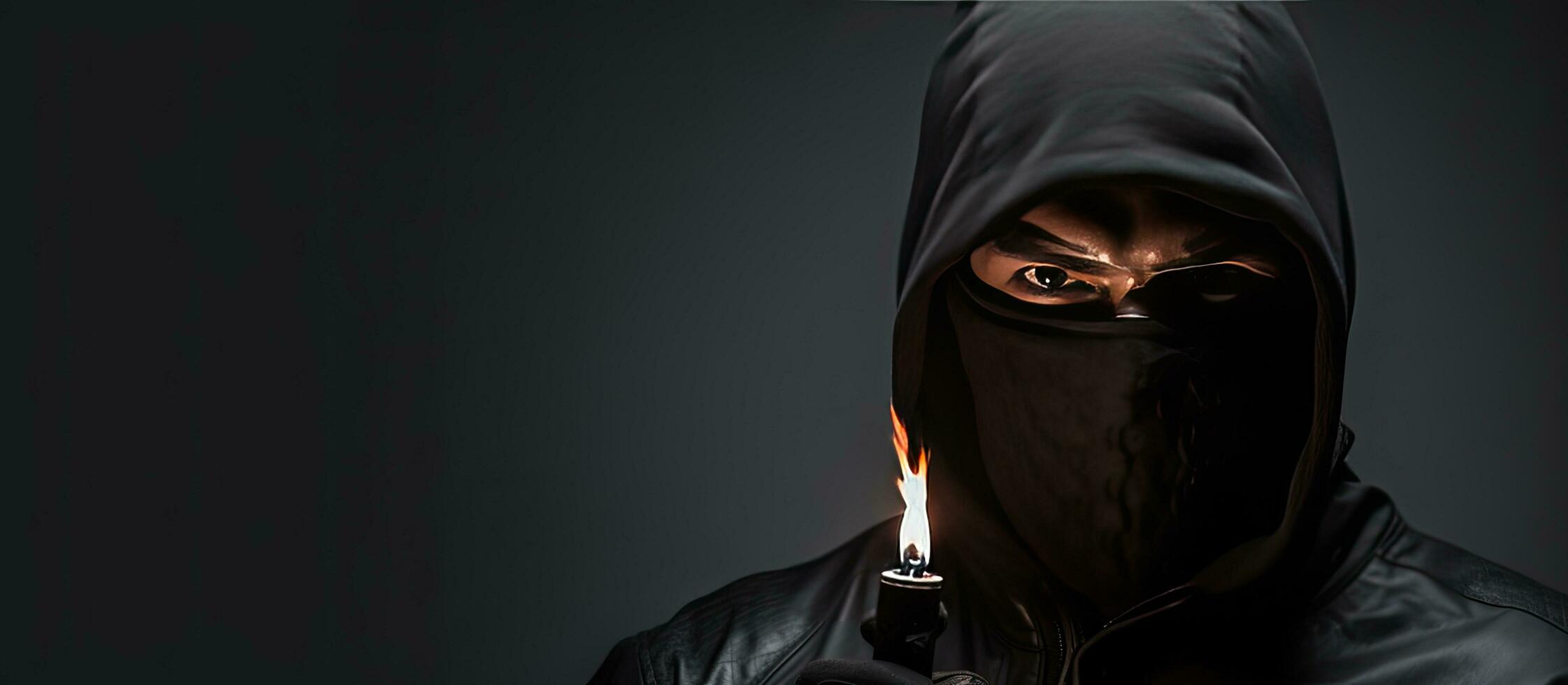 A person in a black balaclava using a torch to spy on someone with white background and copy space photo