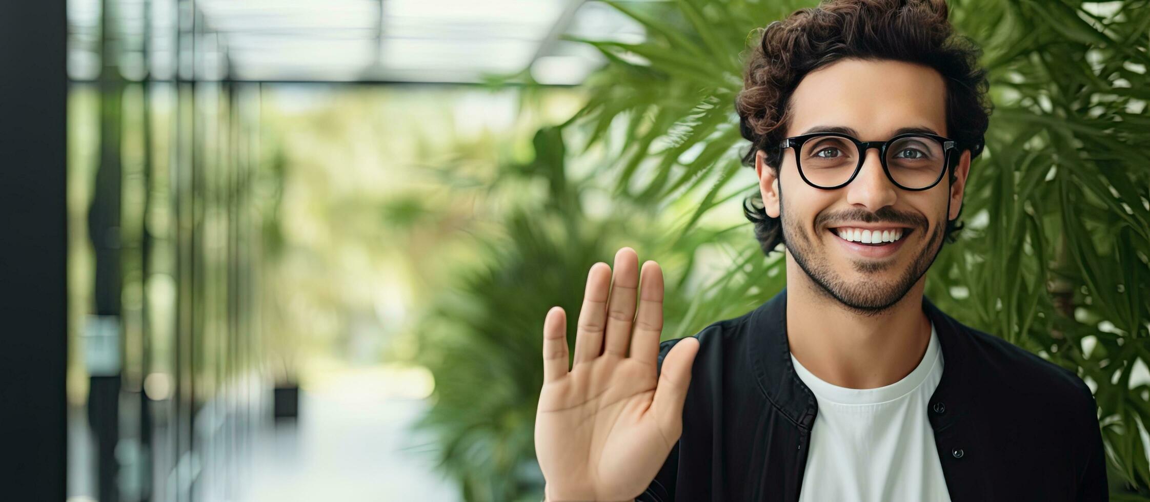 joven medio oriental hombre con lentes ondulación a cámara durante en línea reunión en moderno oficina habitación para texto foto