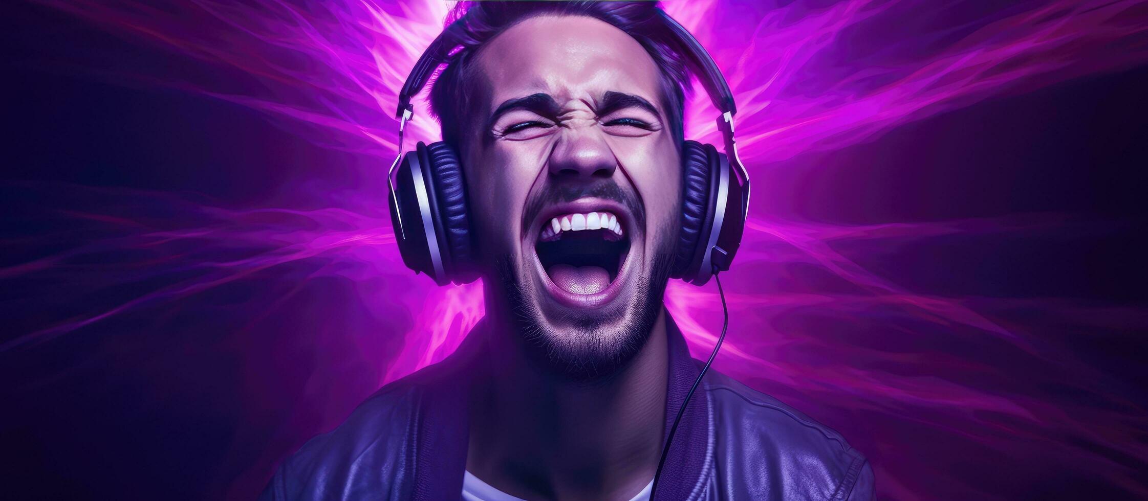 Male vocalist wearing headphones listening to music singing with open mouth recording studio DJ hipster lifestyle portrait with purple background neon lig photo