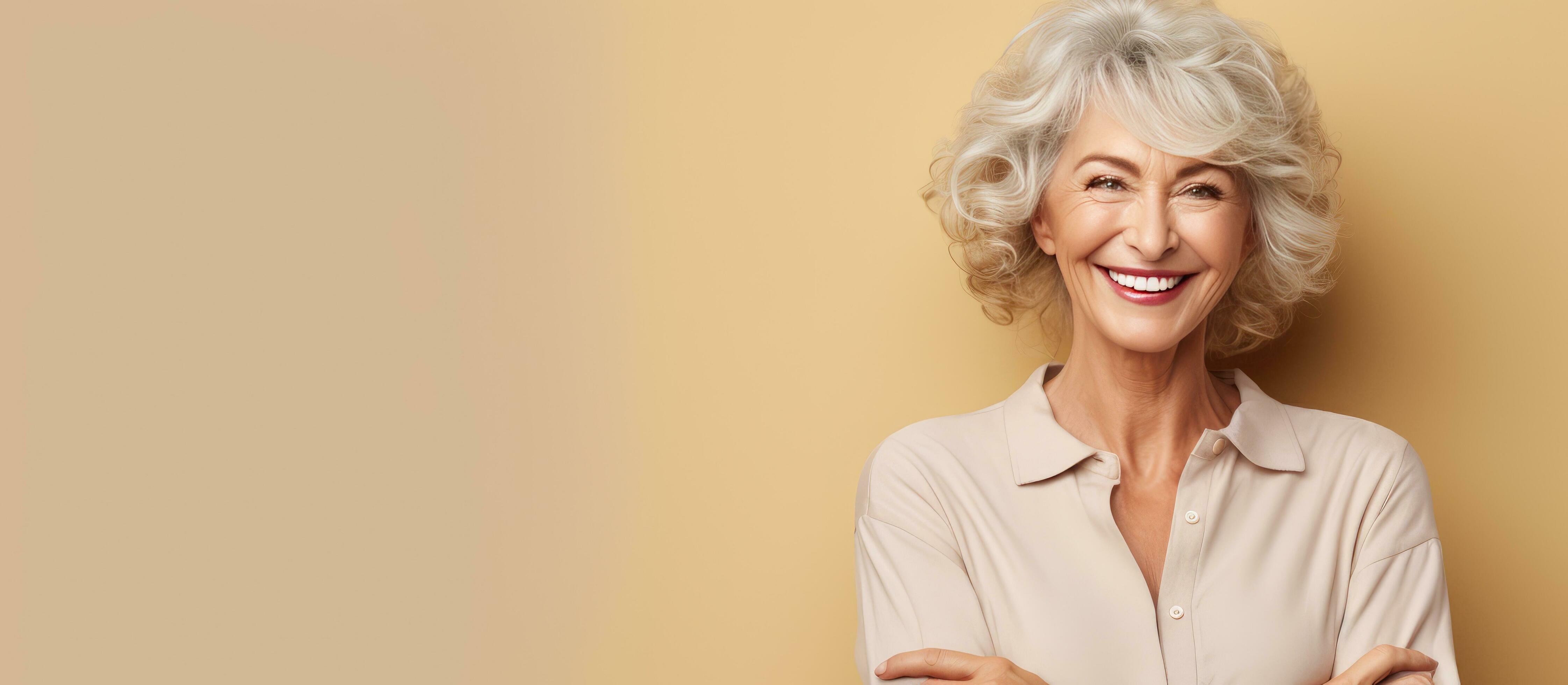 Blonde elderly woman in her 50s wearing casual clothes pointing with a