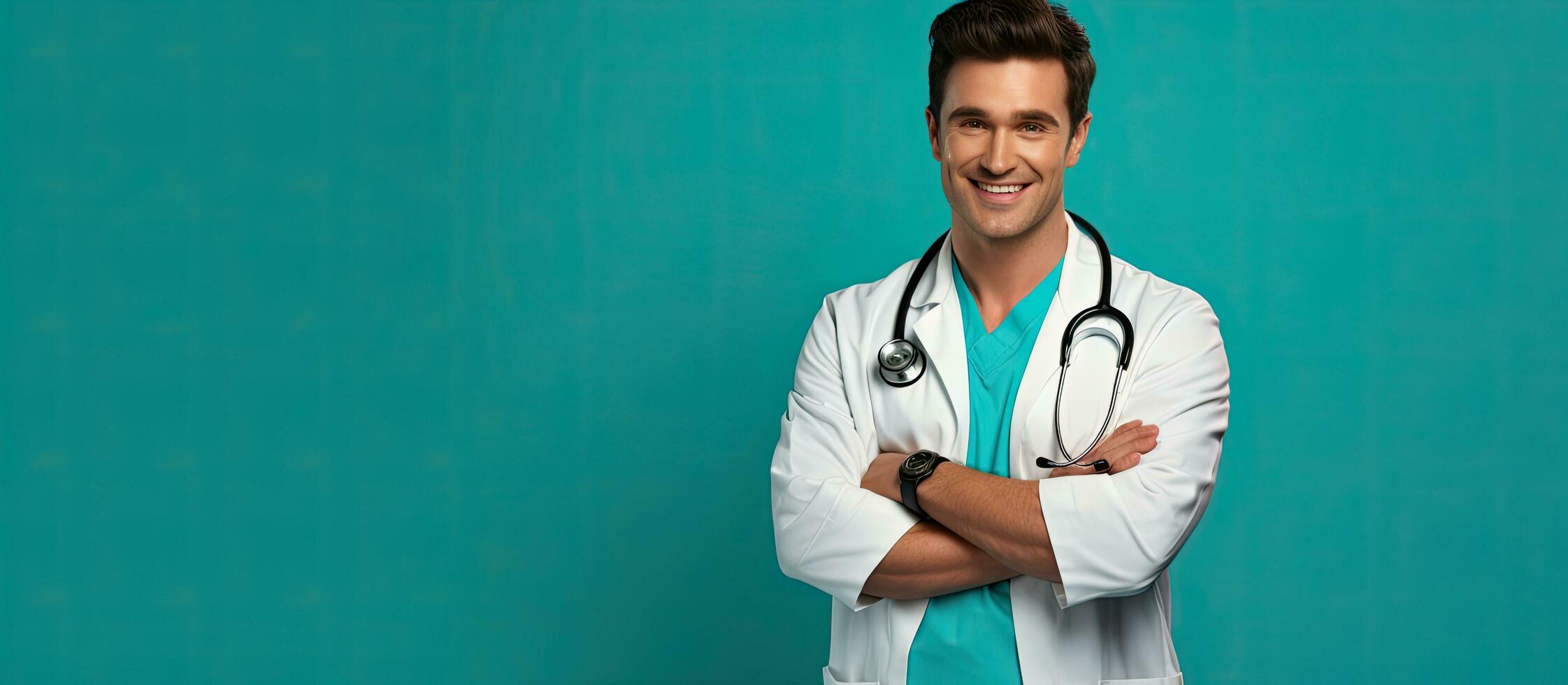 Smiling junior doctor with stethoscope and finger up professional concept empty area photo