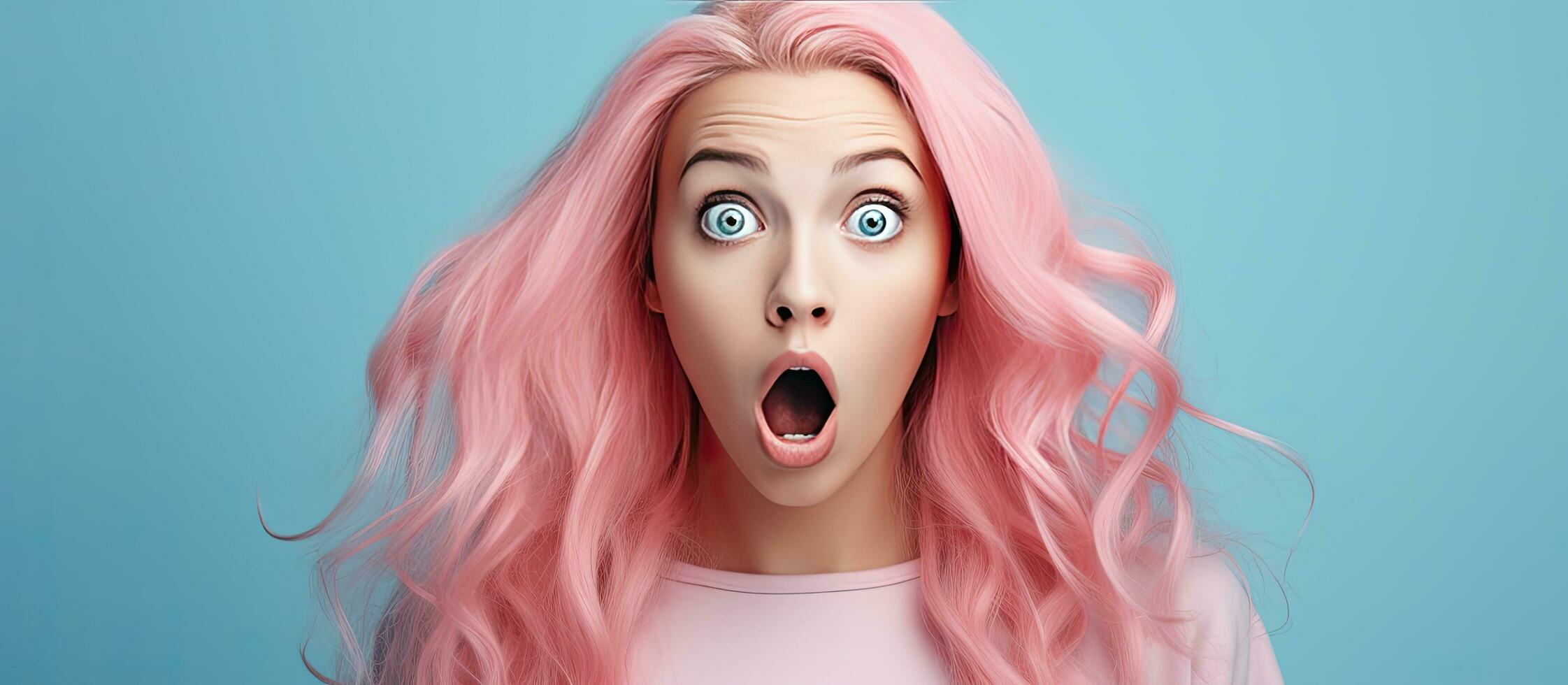 A shocked girl in a stylish pink top and pink hair standing on a blue background hands over her face promoting a doll trend photo