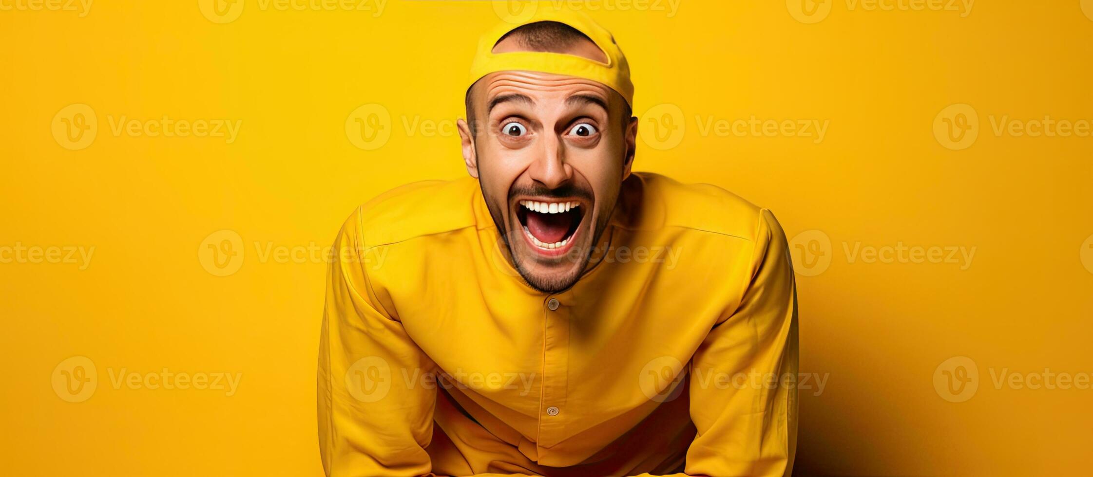 Prisoner dressed up enjoying and making faces on yellow backdrop with room for text photo