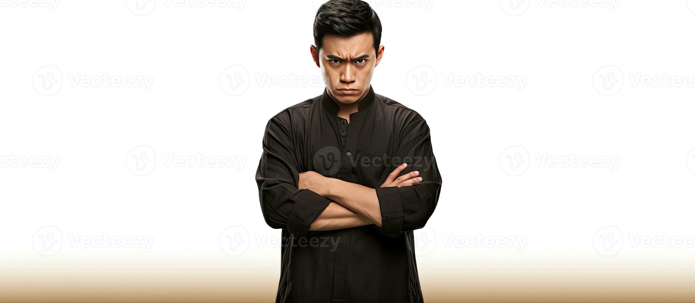 Annoyed Indonesian man in traditional hat arms crossed looking disapprovingly at empty space isolated on white background photo