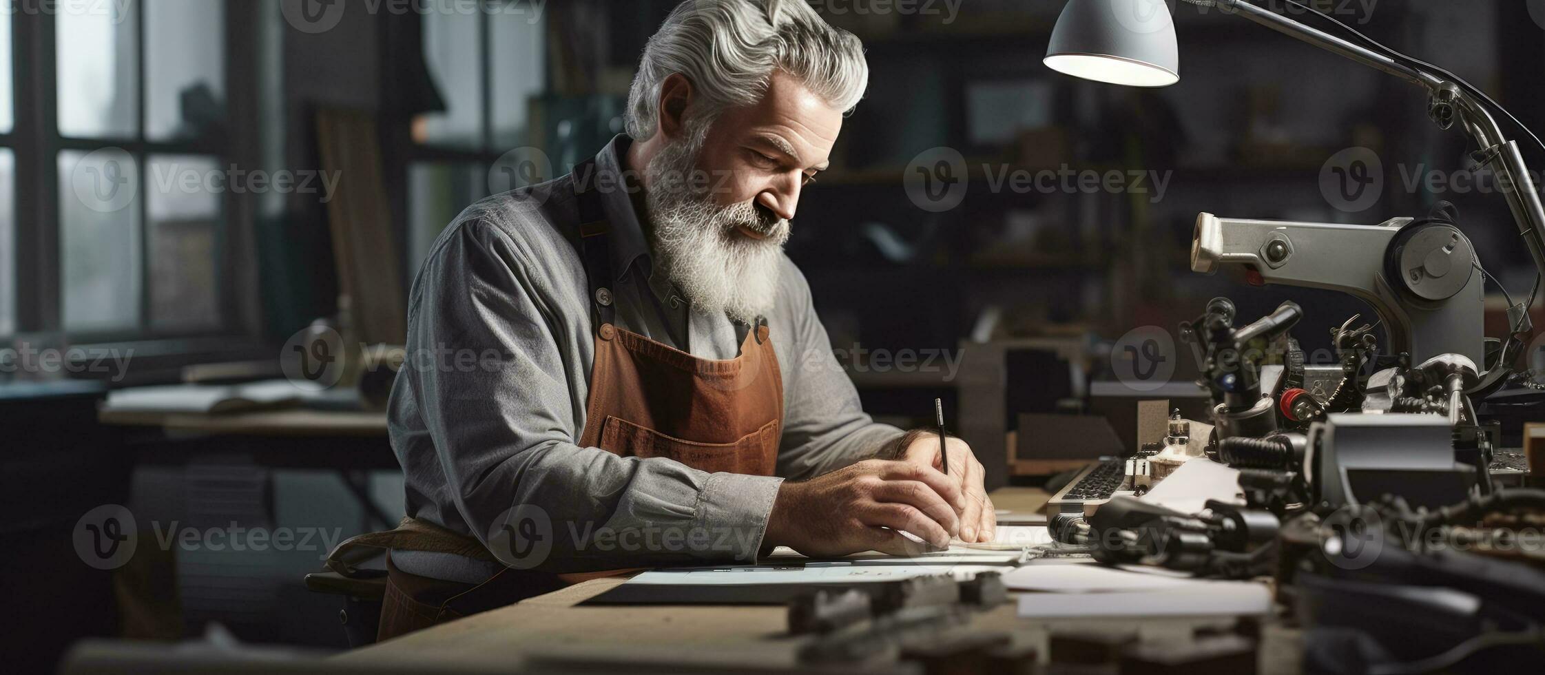 Senior craftsman examining arm prosthetics in workshop with laptop nearby for reference empty area photo
