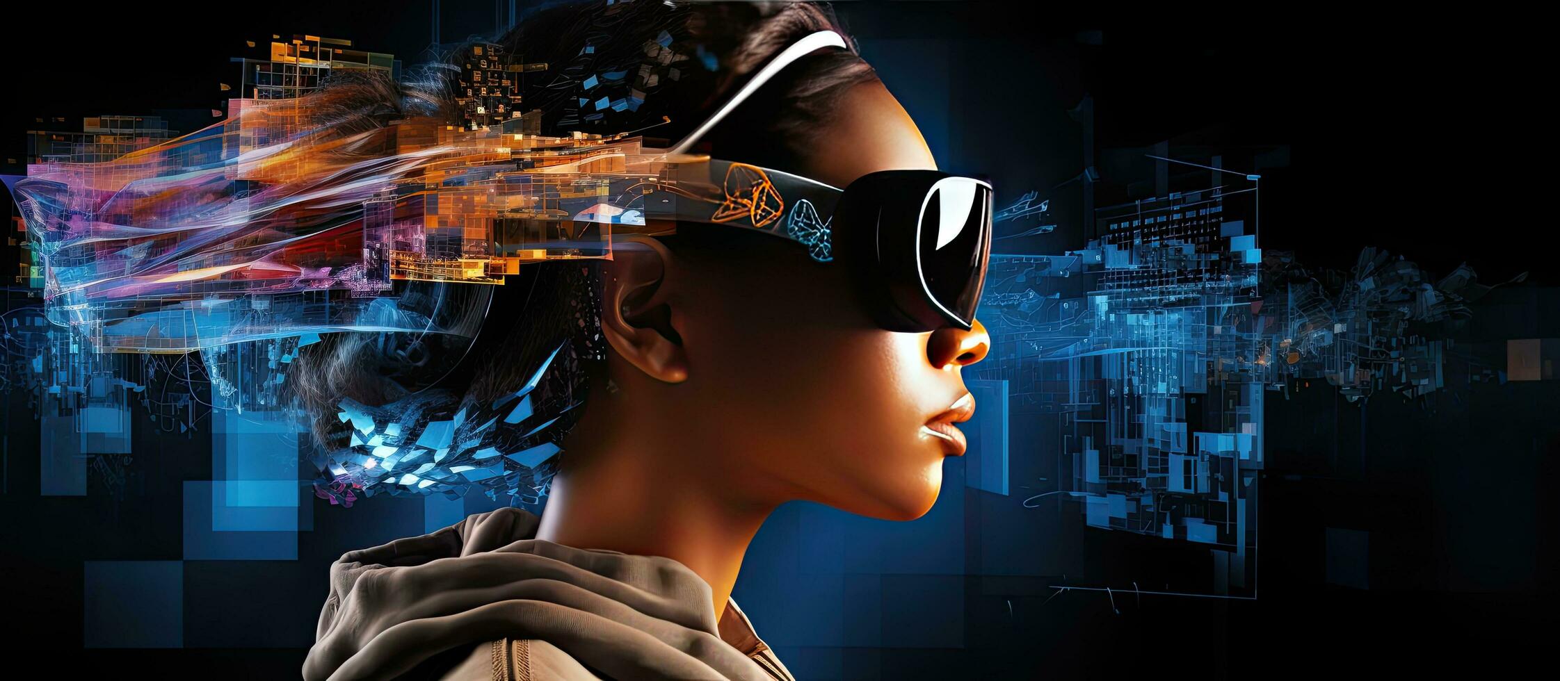 Metaverse concept depicted with black woman wearing VR glasses data blocks and empty white background photo
