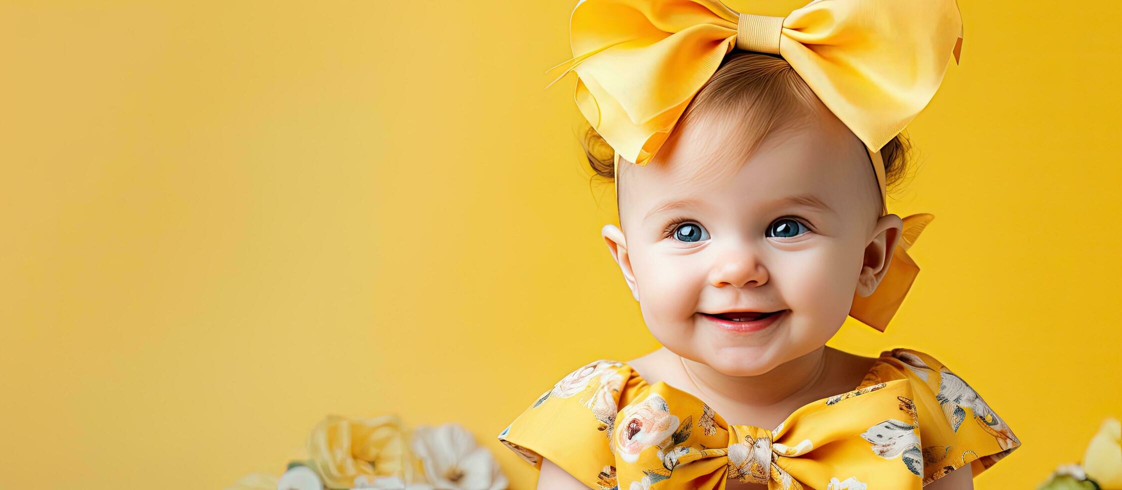 Studio portrait of a lovely baby wearing a summer dress and a large yellow bow on her head against a gray backdrop with room for text photo