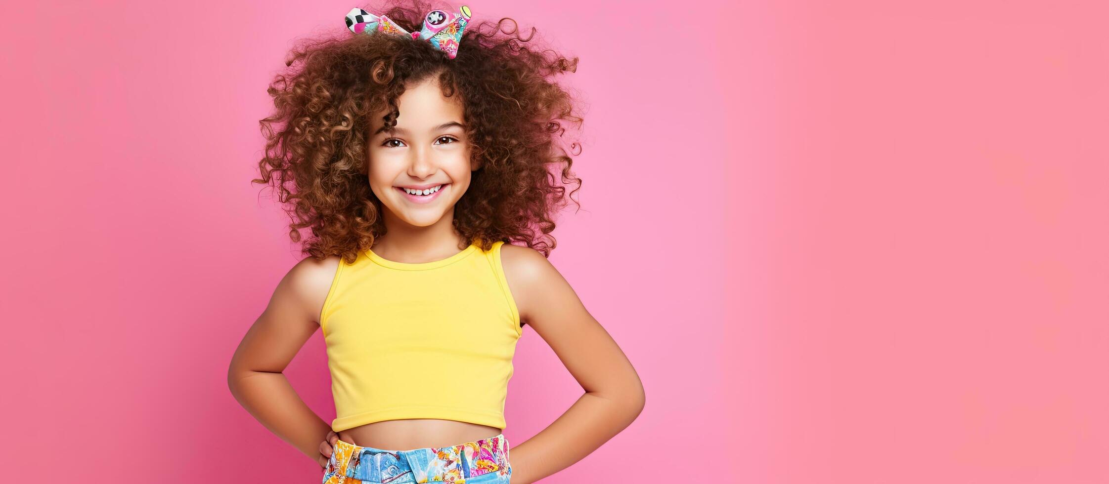 Colorful leotard clad girl with roller skates stands on pink background portraying a sporty lifestyle copy space available photo