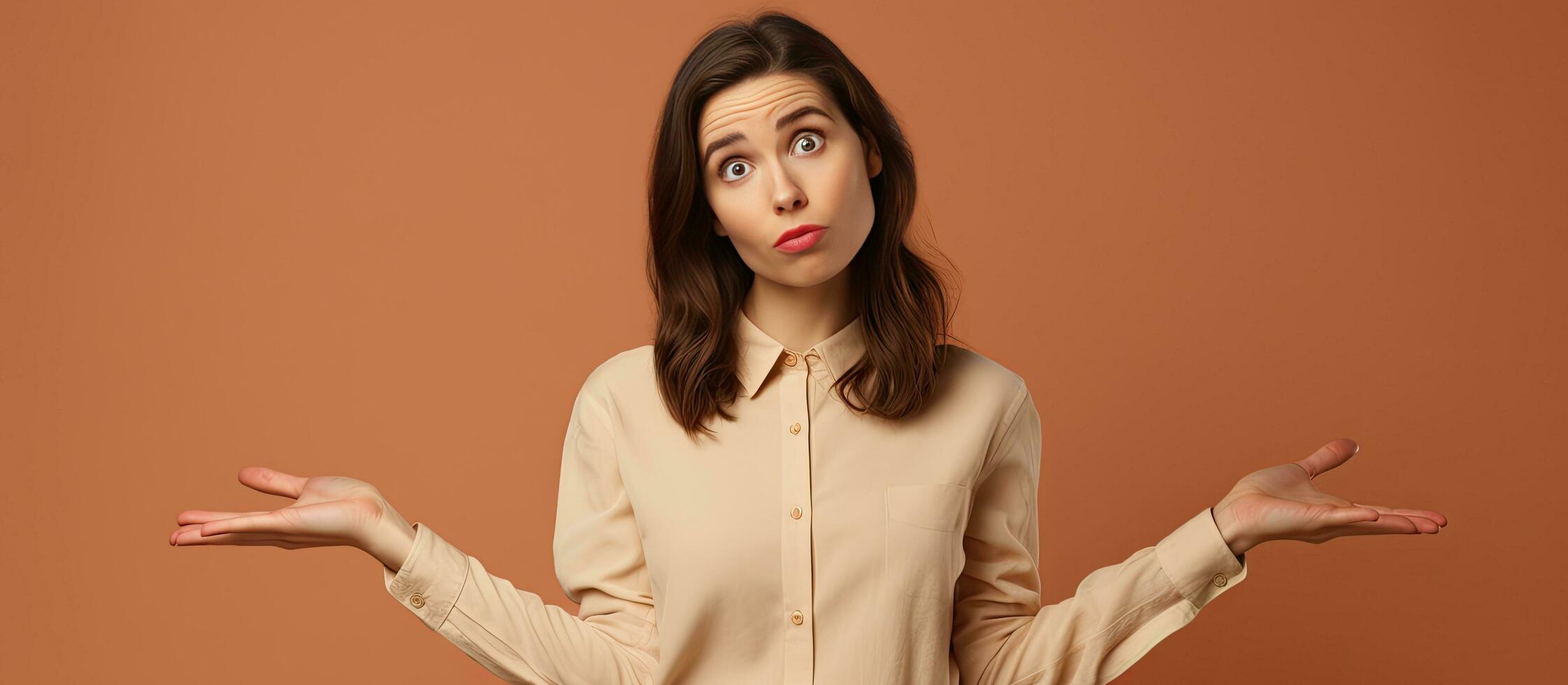 Confused young woman with blank copy space standing against brown background in shirt and trousers raises palm in confusion for your advertising content photo