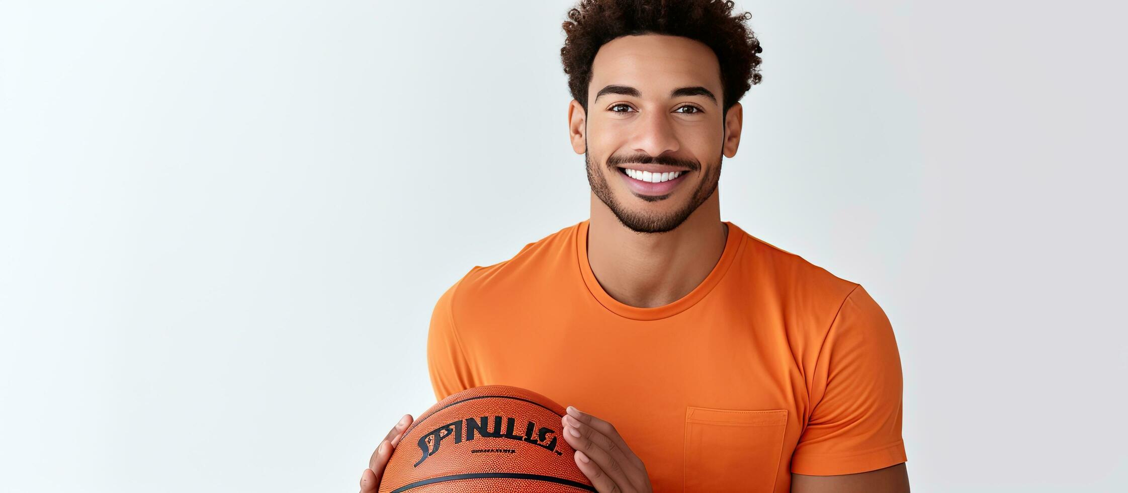 Confident African American basketball player posing with ball on white background photo