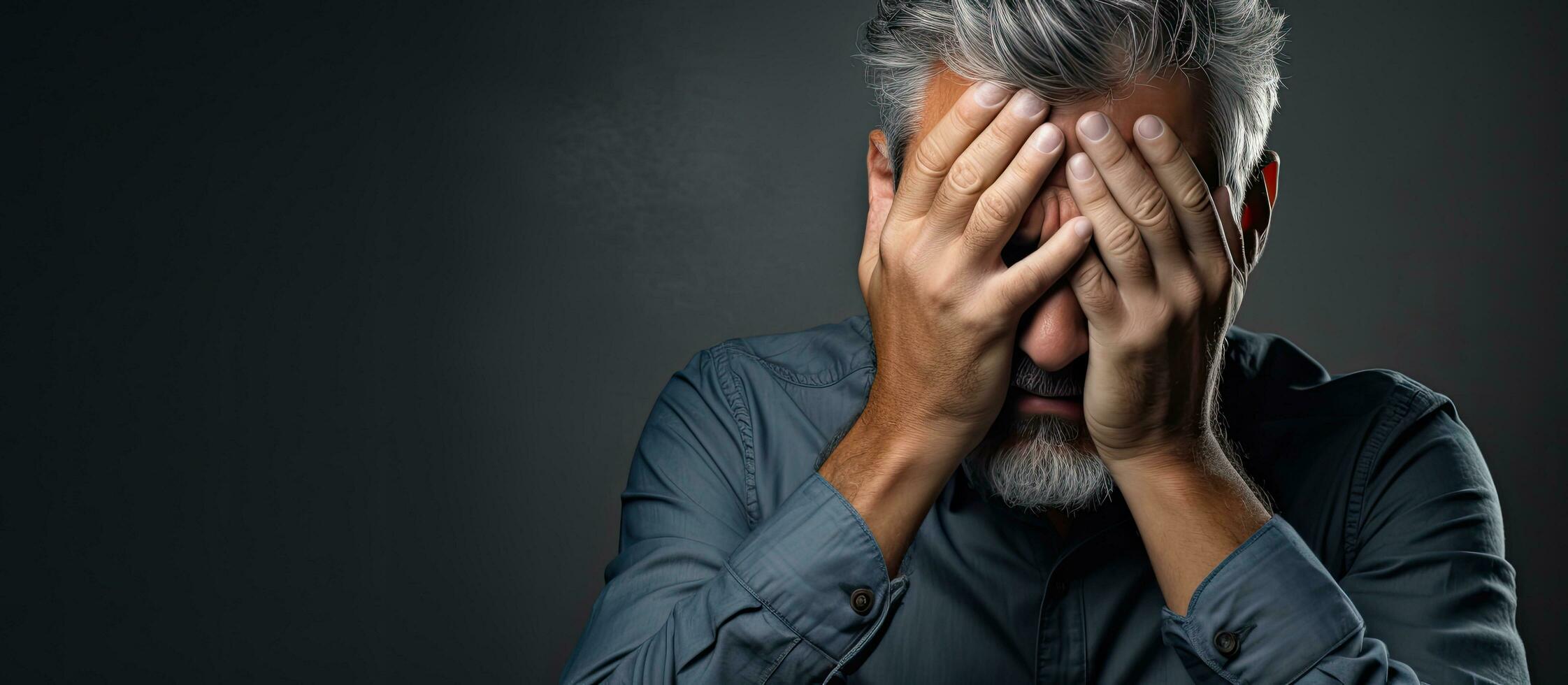 medio Envejecido hombre sensación estresado y asustado manos en cabeza concepto foto