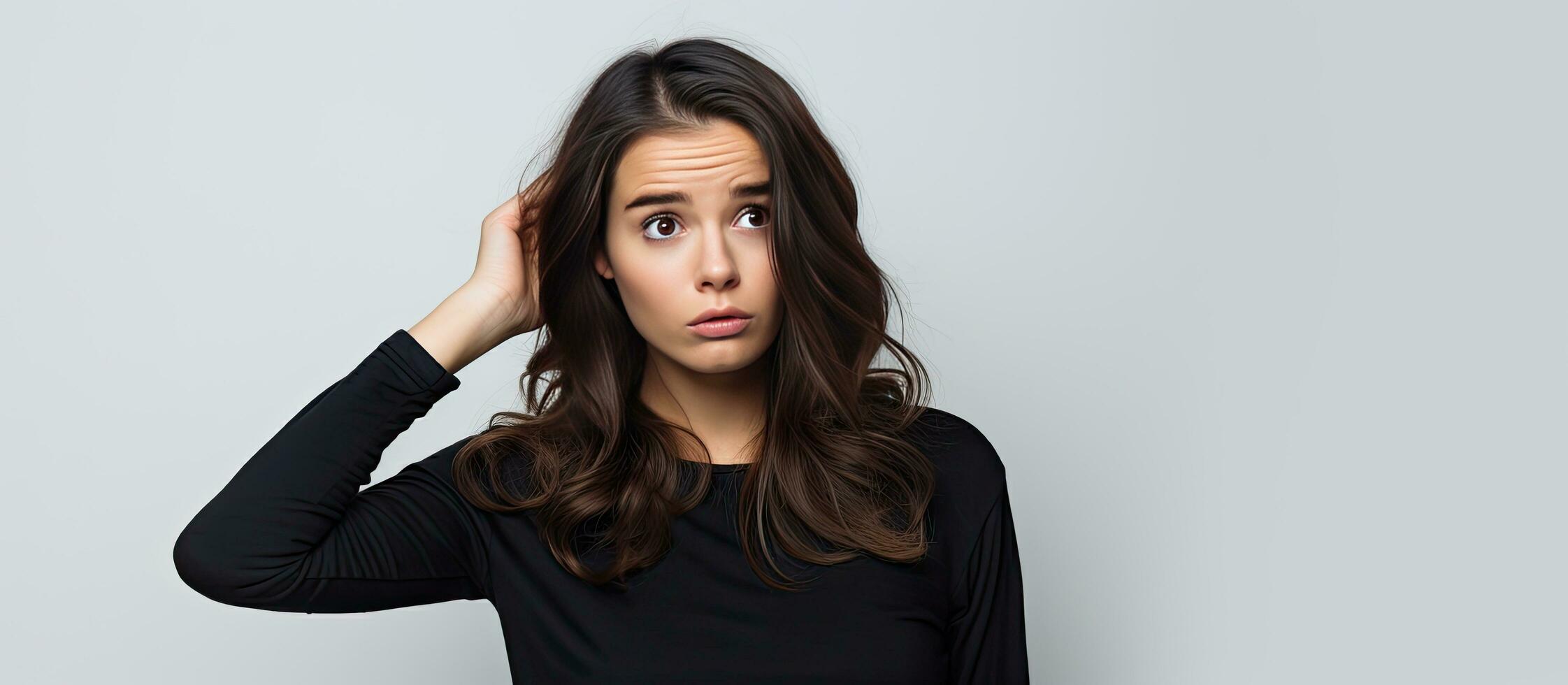 Puzzled brunette woman with open palm and finger on forehead over white background thinking photo