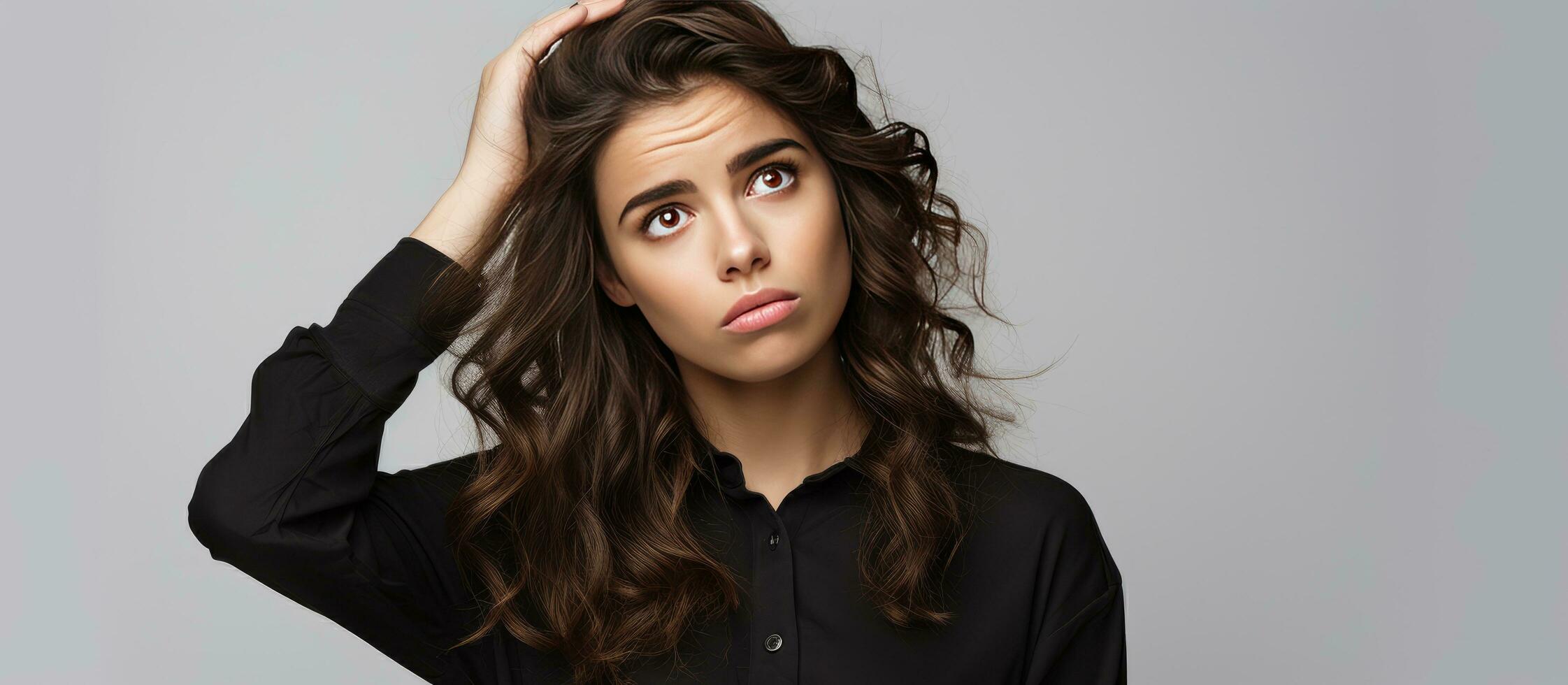 Puzzled brunette woman with open palm and finger on forehead over white background thinking photo
