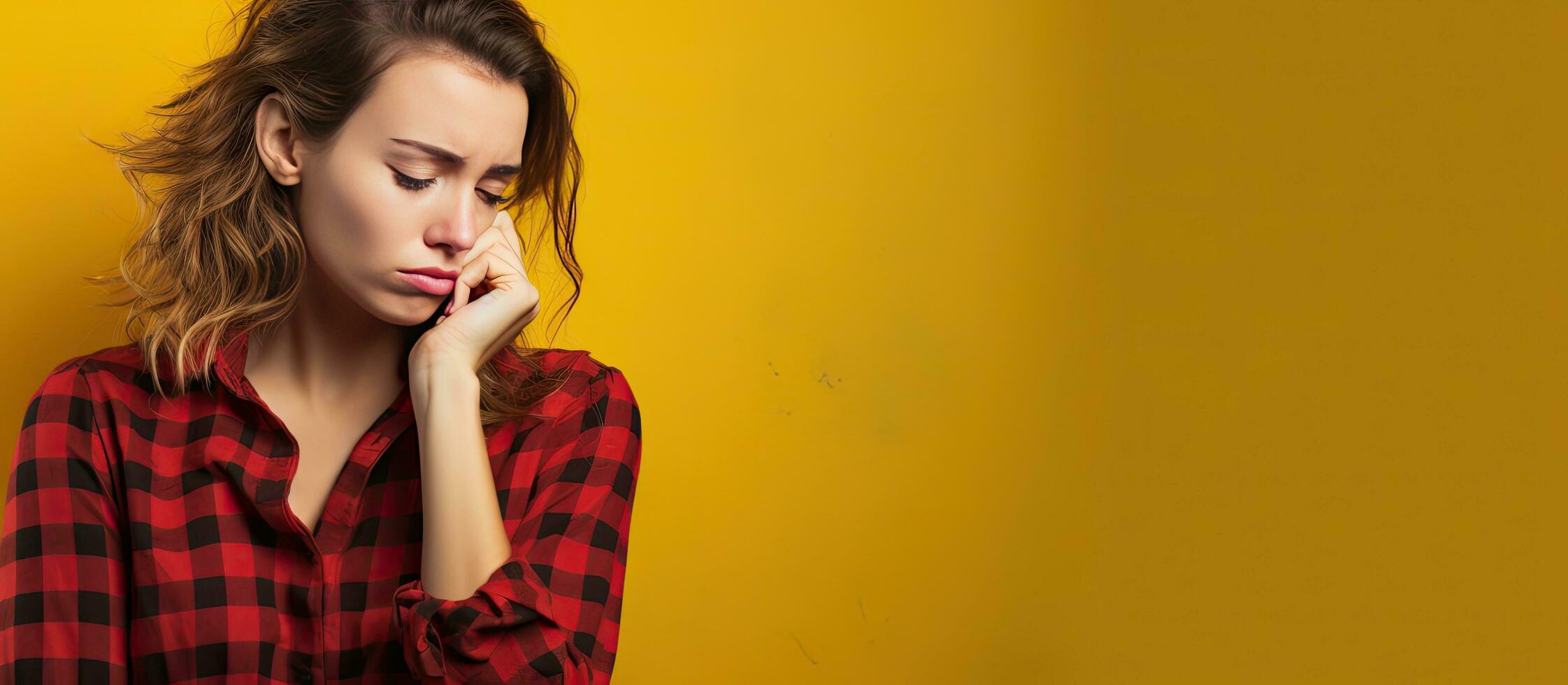 Sad and thoughtful Caucasian man in red checkered shirt gazing at empty area against yellow background photo