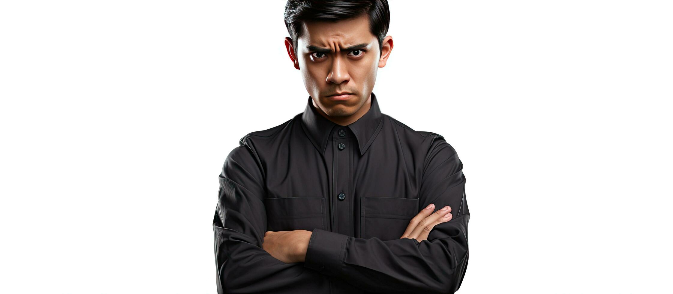 Annoyed Indonesian man in traditional hat arms crossed looking disapprovingly at empty space isolated on white background photo