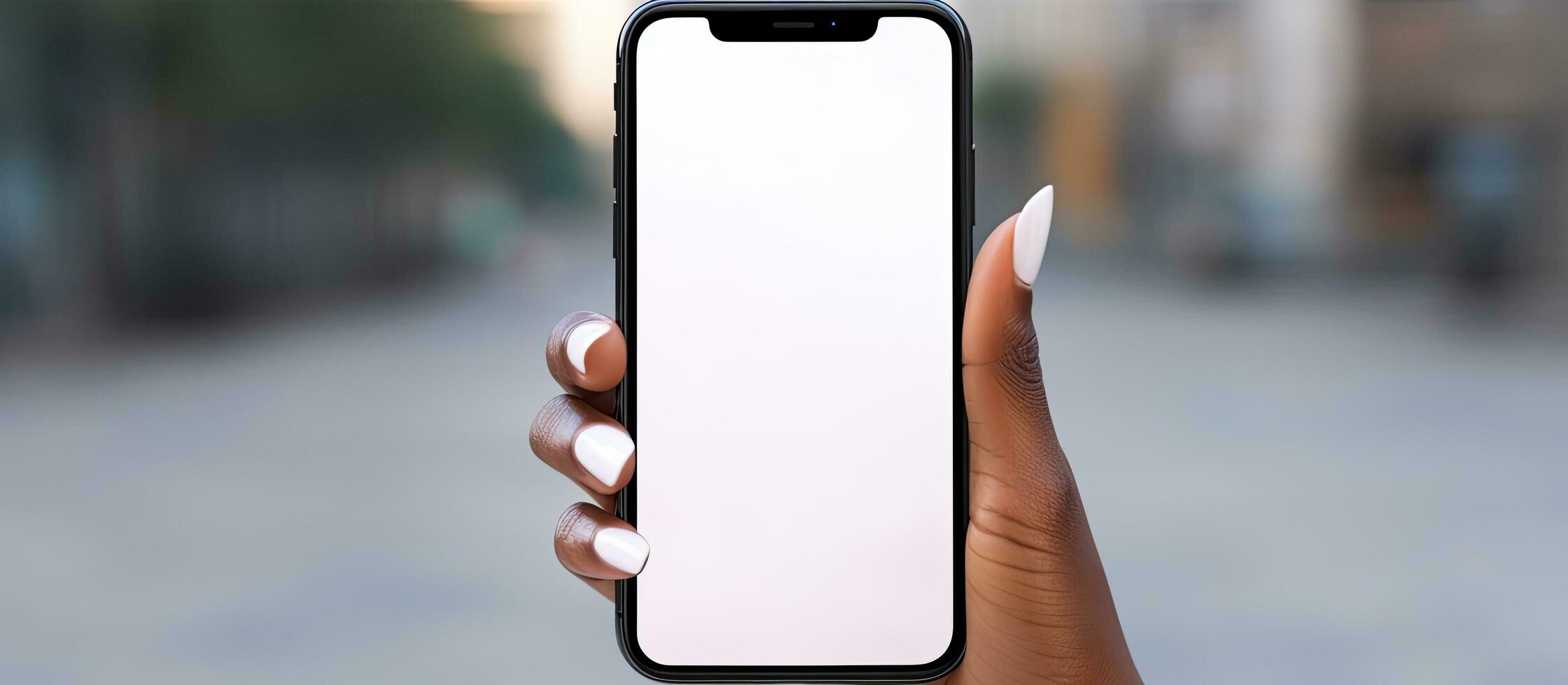 ver de mujer s manos participación un célula teléfono con un blanco pantalla foto